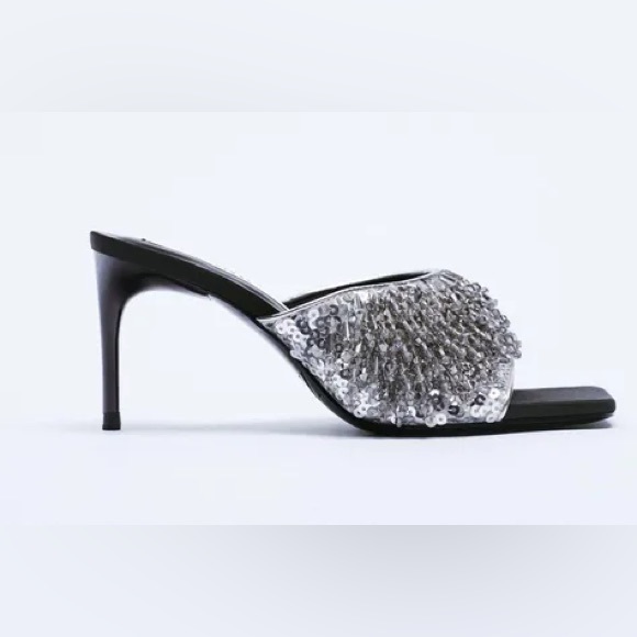 NWT Zara Party Sandals Heels Size 7.5 Open Toe Beaded Sparkly Slip On Sandals - Picture 2 of 11